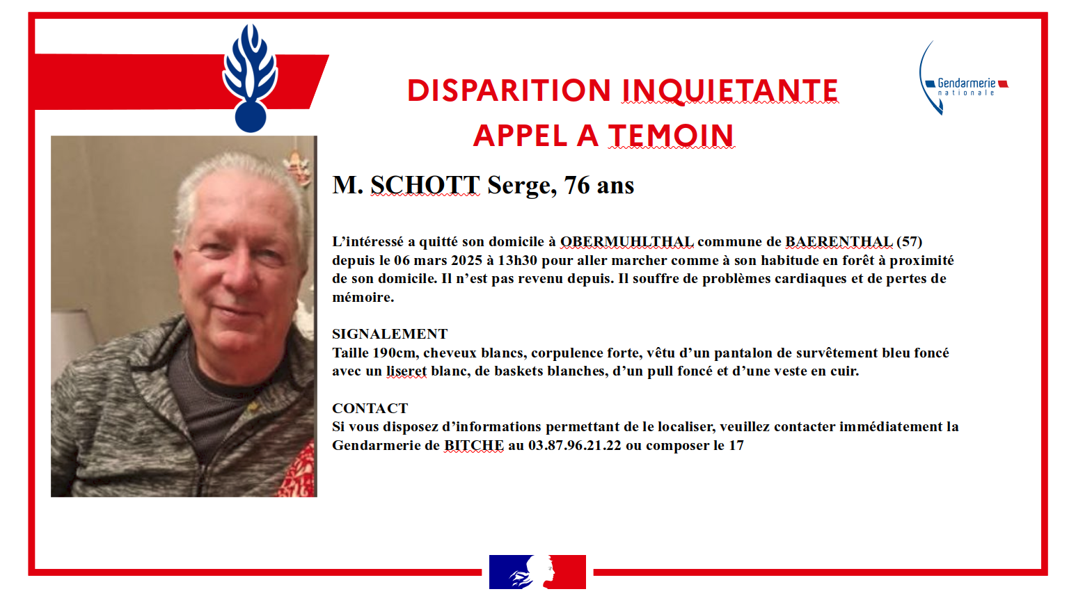 DISPARITION INQUIÉTANTE SCHOTT Serge, 76 ans