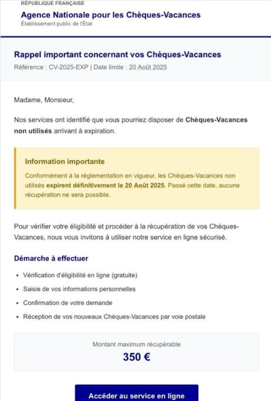 [PRÉVENTION – Arnaque Chèques-Vacances] 